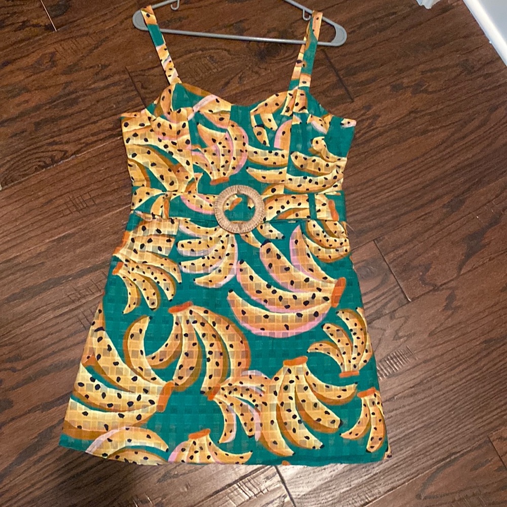 FARM Rio Green Banana-Print Mini Dress